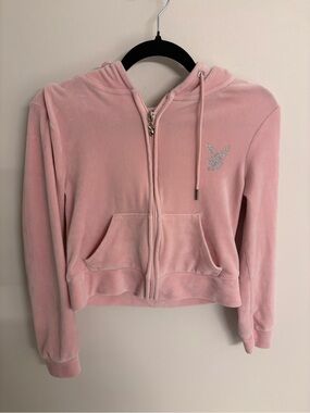 PLAYBOY Pink Velour Zip-Up Hoodie with Crystal Bunny